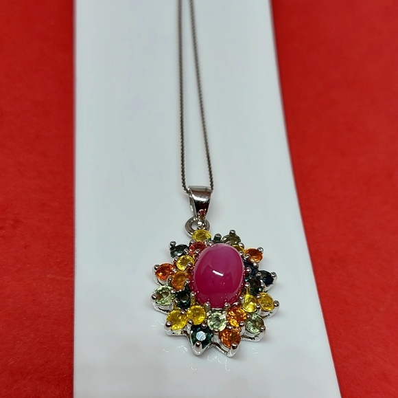 Natural Heated Ruby 10x8mm & Sapphire 925 Sterling Silver Necklace 18" - Picture 3 of 7